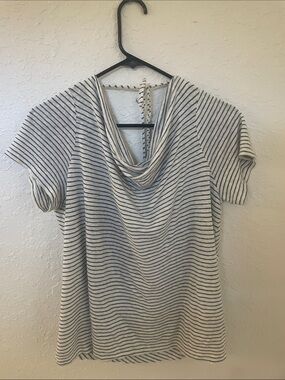 Maeve Striped Cowl-Neck Sweater Tee - White & Navy